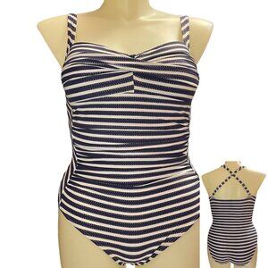 Niptuck Swim Nautical Stripe Ahoy Foil Twist Front Tummy Control Swimsuit US 8